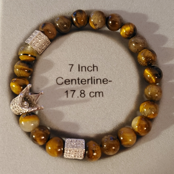 Tigers Eye Handcrafted Beaded Bracelet with Silver CZ Crown & Accent Beads - Picture 4 of 5
